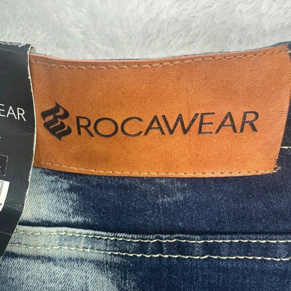 New Rocawear Denim Shorts Mens 48 Blue Biker Moto Embroidered Zip Pockets